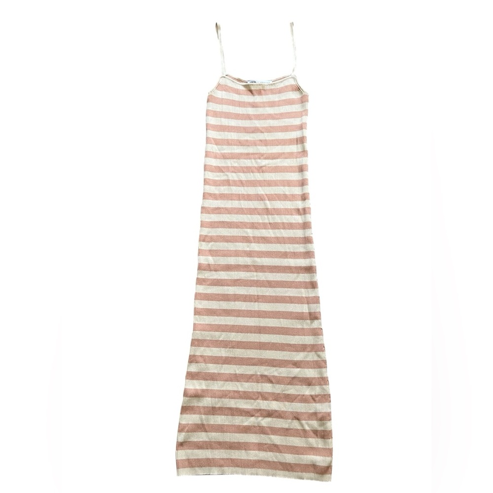 Zara Pink and Cream Striped‎ Ribbed KnitBodycon Midi Dress - Size M